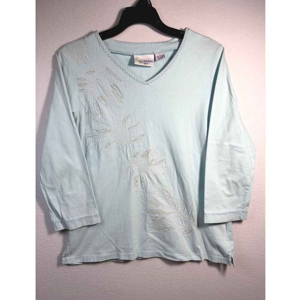 Paradise Bay Top Womens Small Blue Excellent 3/4 Sleeve Cotton Tropical Leaf